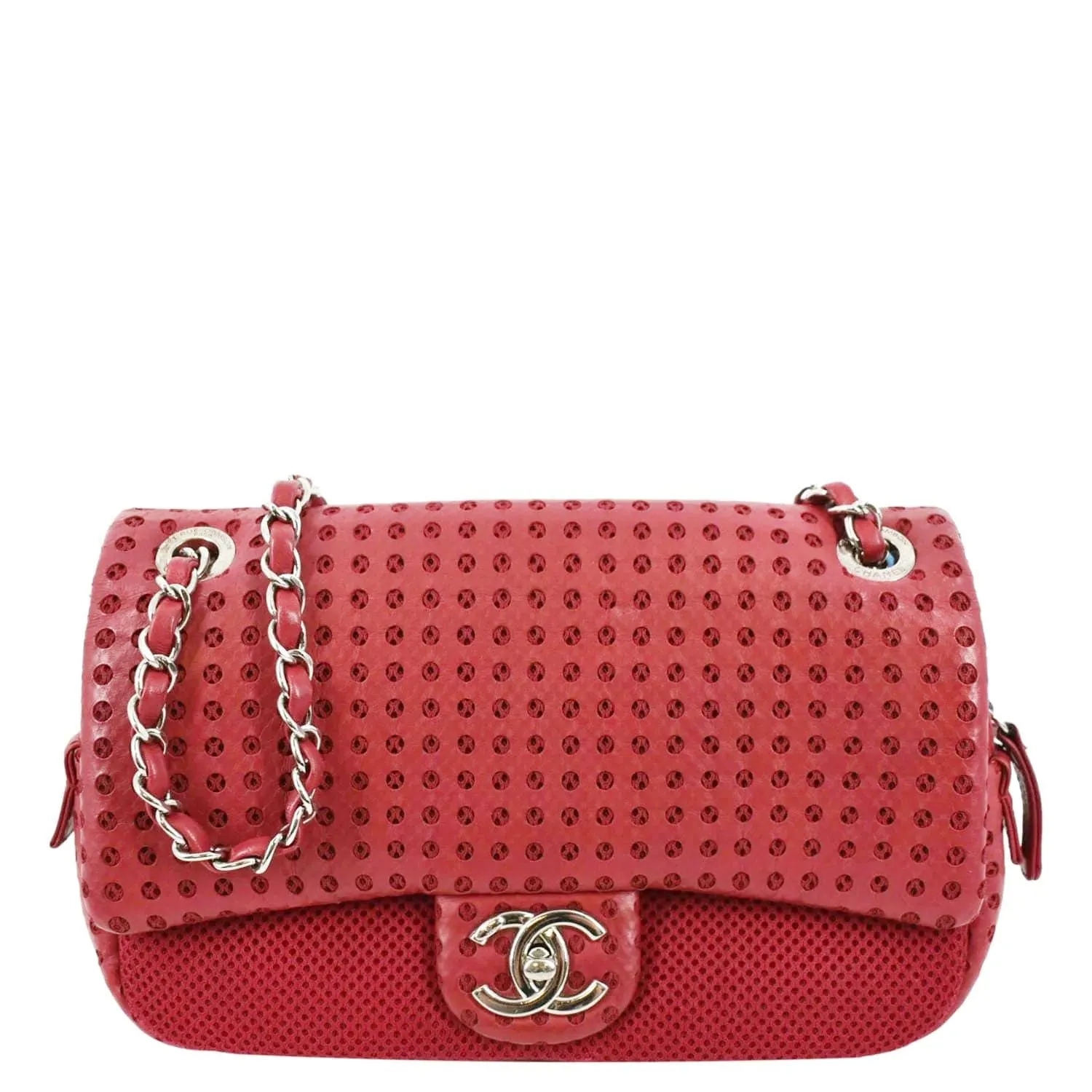 CHANEL Flap Perforated Leather Shoulder Bag Red