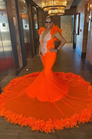 Chic Sleeveless V-Neck Mermaid Prom Dress With Feather