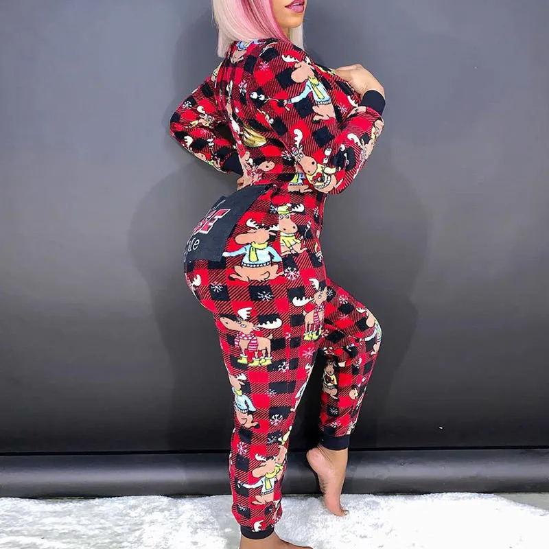 Christmas Print Zipper Design Long Sleeve Jumpsuit