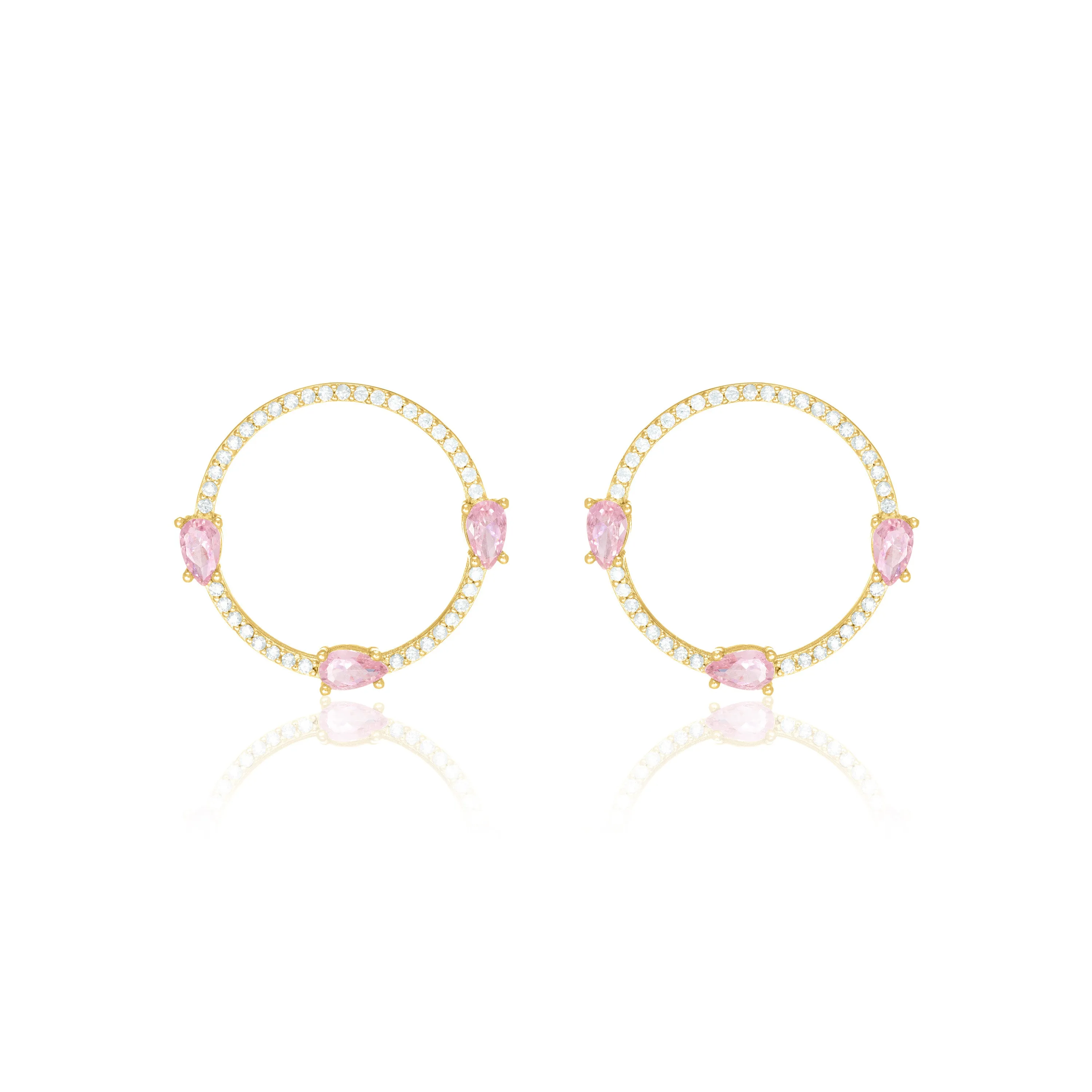 Circle Pave Cubic Zirconia With Three Teardrops Earrings - Gold Light Pink And White