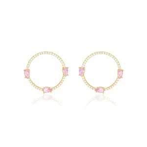 Circle Pave Cubic Zirconia With Three Teardrops Earrings - Gold Light Pink And White