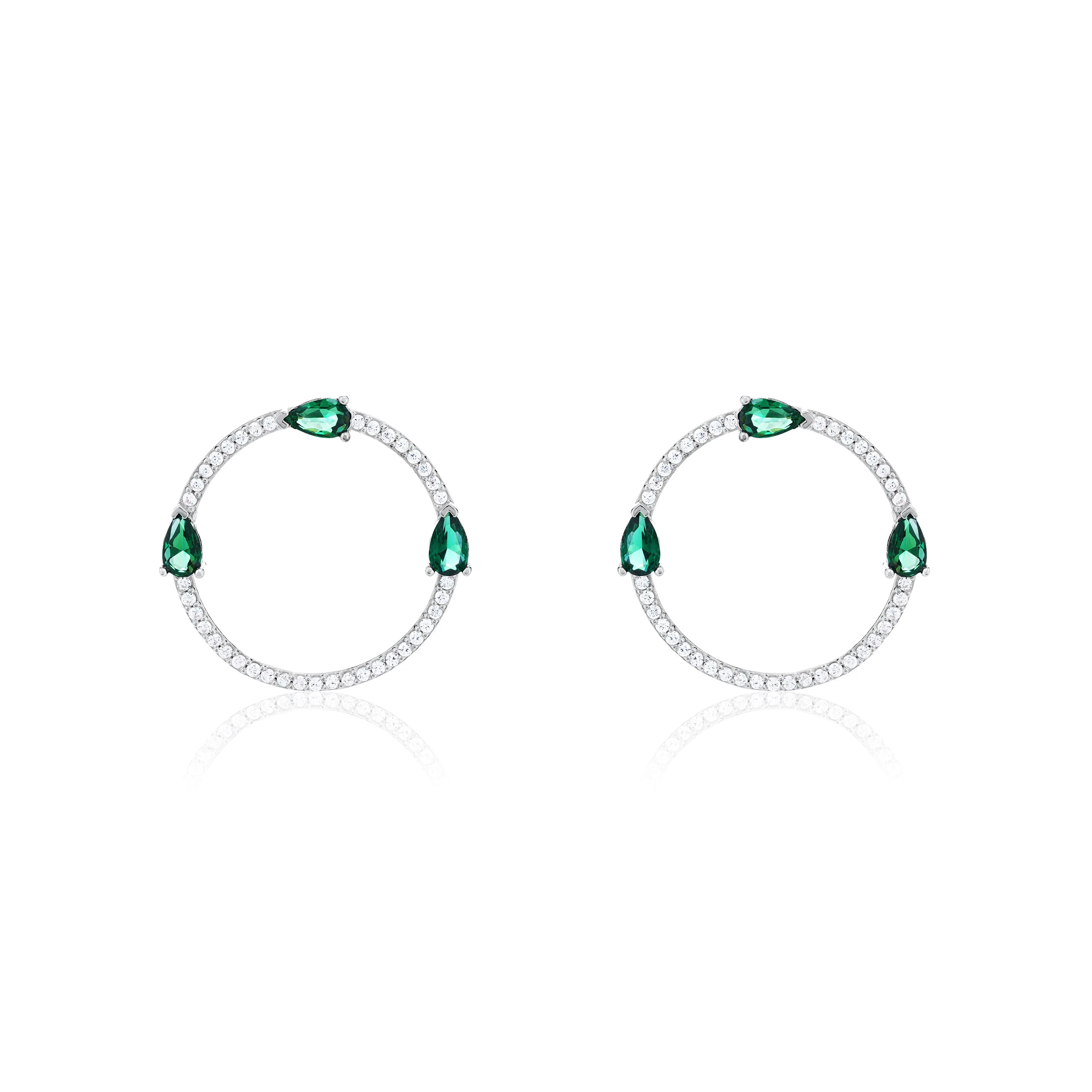 Circle Pave Cubic Zirconia With Three Teardrops Earrings - Silver Green And White