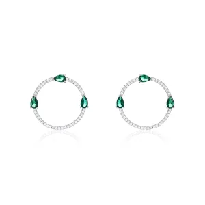 Circle Pave Cubic Zirconia With Three Teardrops Earrings - Silver Green And White