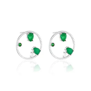 Circle Pave CZ With Three Teardrops And Dot Bezel Earrings - Silver Green Matt And White