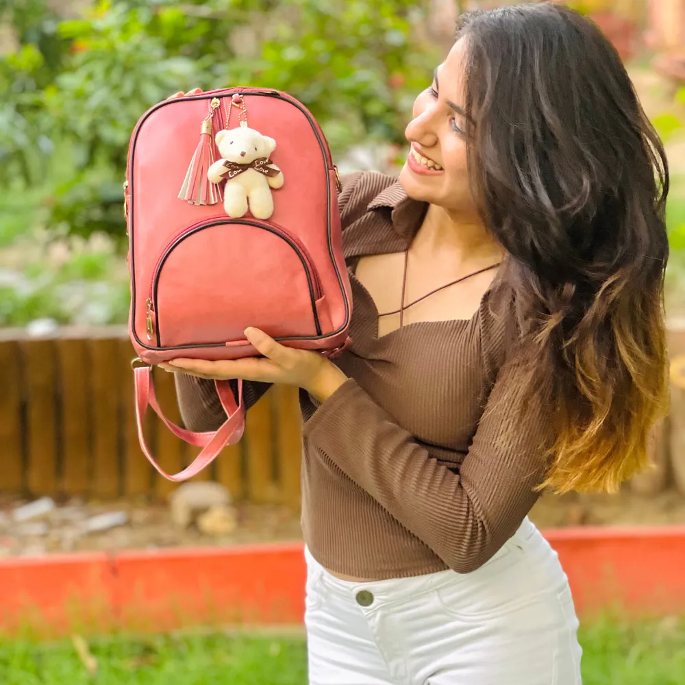 Classy Leather Customized Teddy Multipurpose Bag - Peach