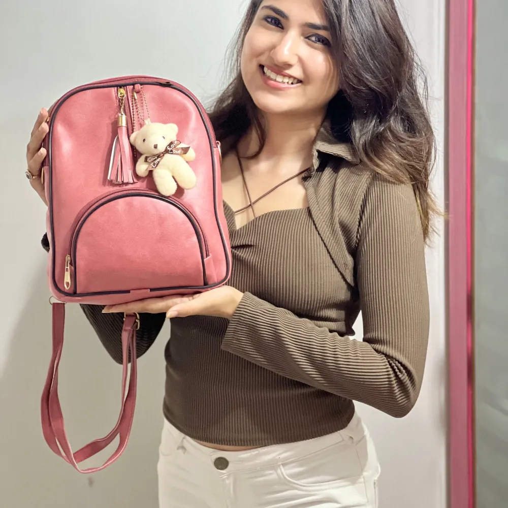 Classy Leather Customized Teddy Multipurpose Bag - Peach