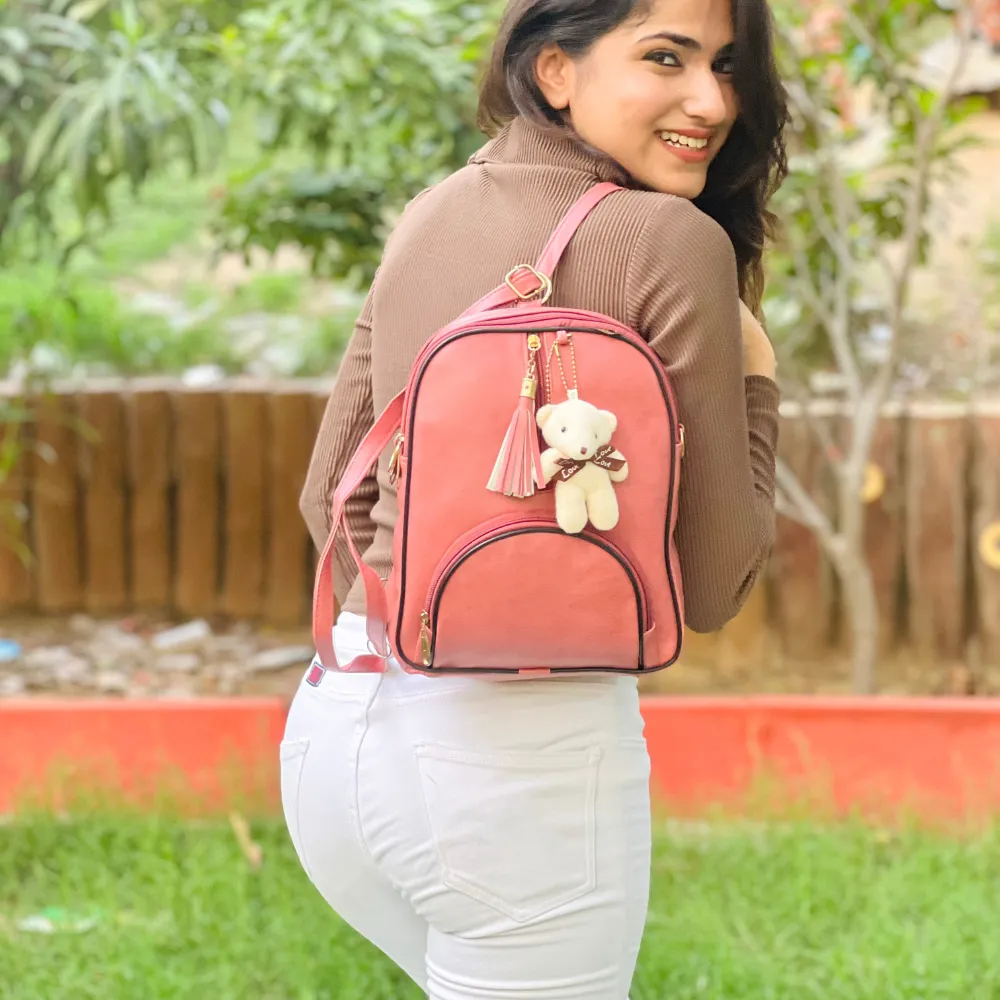 Classy Leather Customized Teddy Multipurpose Bag - Peach