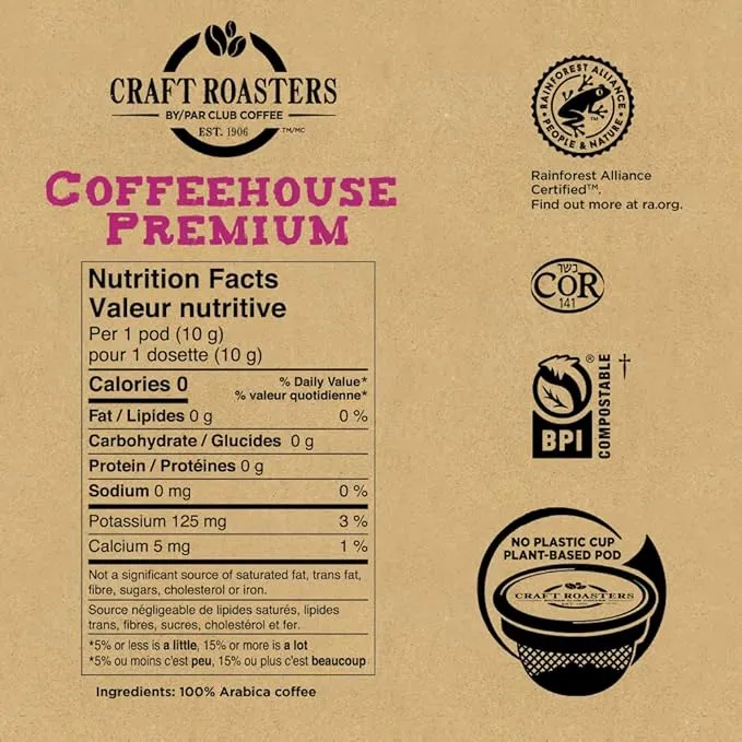 Club Coffee Craft Roasters | Coffeehouse Premium | Medium Roast Single Serve Coffee Pods | 72 Count | Compostable Coffee Pods | Keurig Brewer Compatible | Rainforest Alliance Certified