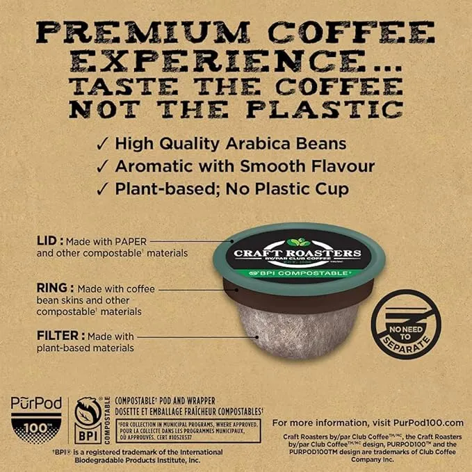 Club Coffee Craft Roasters | Coffeehouse Premium | Medium Roast Single Serve Coffee Pods | 72 Count | Compostable Coffee Pods | Keurig Brewer Compatible | Rainforest Alliance Certified
