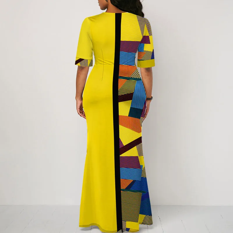 Colorblock Print Half Sleeve Maxi Dress