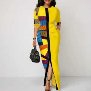 Colorblock Print Half Sleeve Maxi Dress