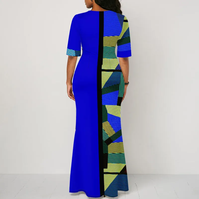 Colorblock Print Half Sleeve Maxi Dress
