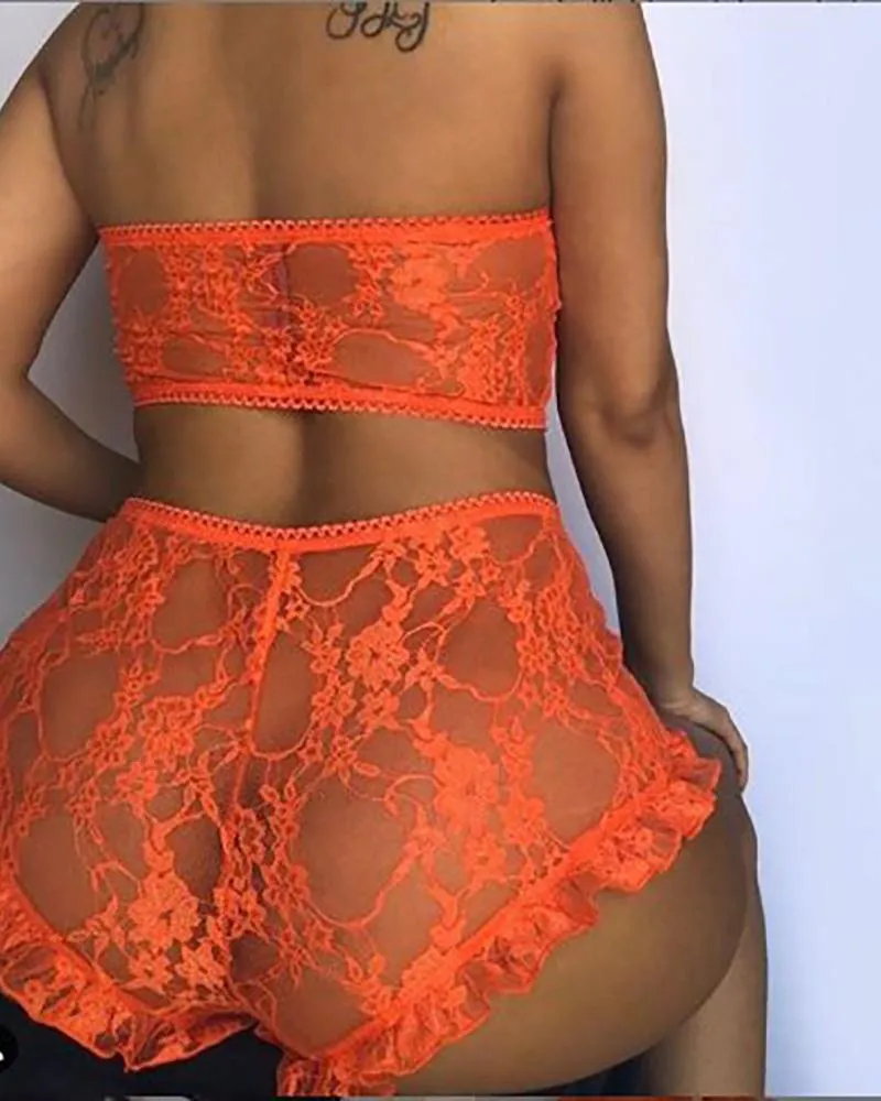 Crochet Lace Sheer Mesh Bandeau Bra Set