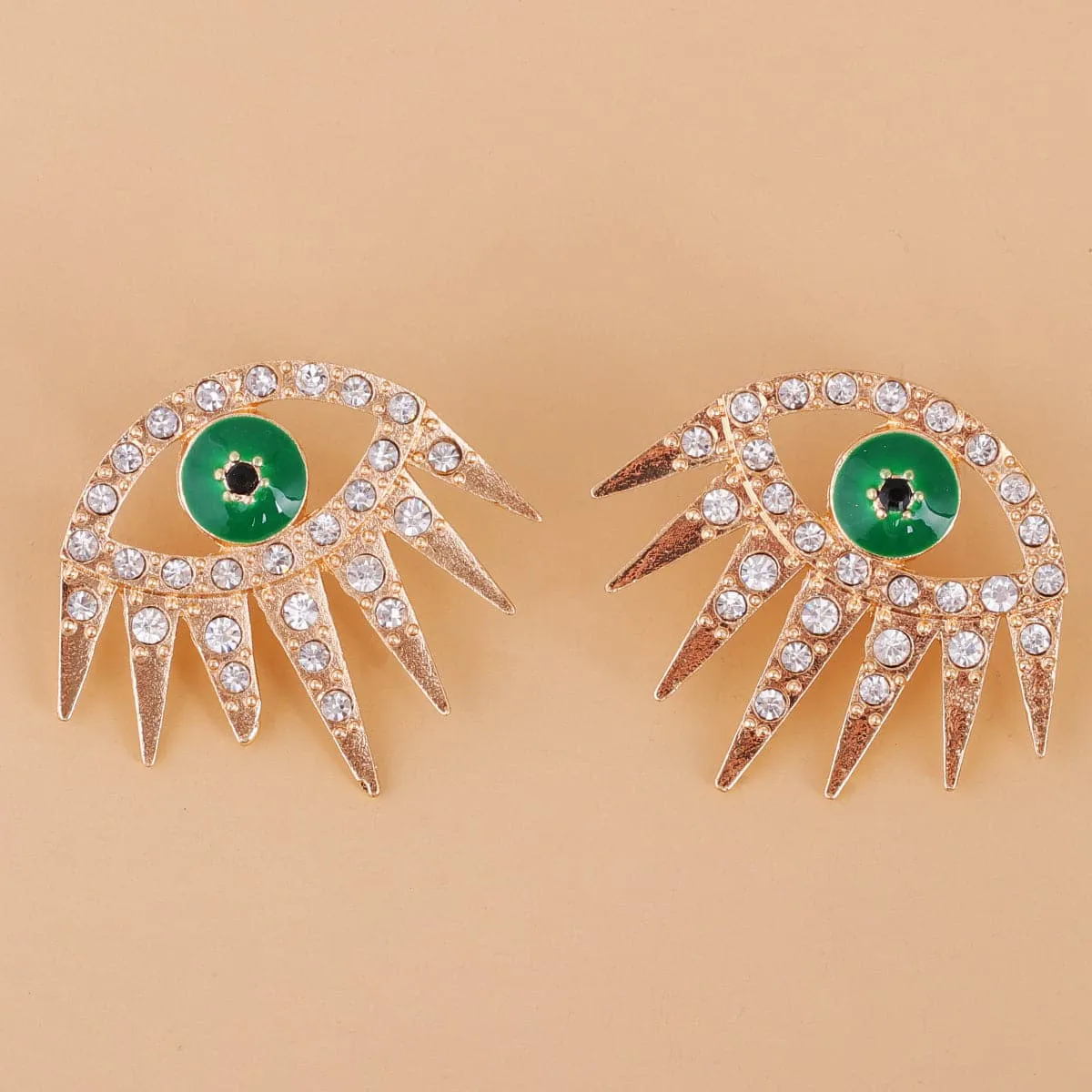Cubic Zirconia & Green Enamel Eye Stud Earrings