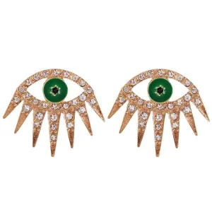 Cubic Zirconia & Green Enamel Eye Stud Earrings
