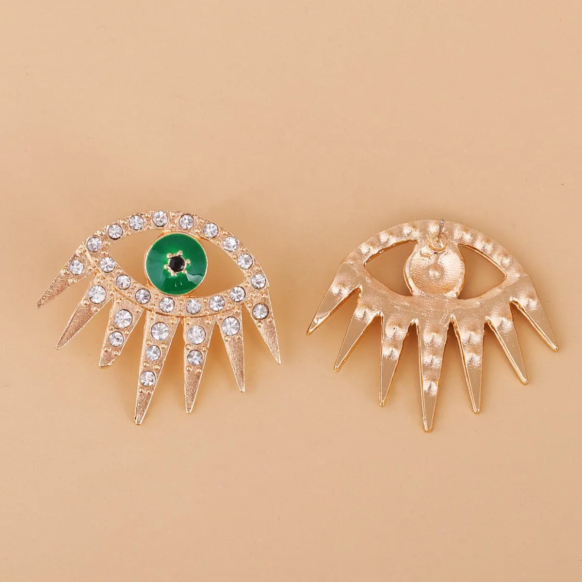 Cubic Zirconia & Green Enamel Eye Stud Earrings