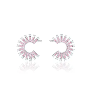 Cubic Zirconia Baguette Sun Rays C Shape Earrings - Silver Light Pink And White