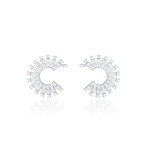 Cubic Zirconia Baguette Sun Rays C Shape Earrings - Silver White