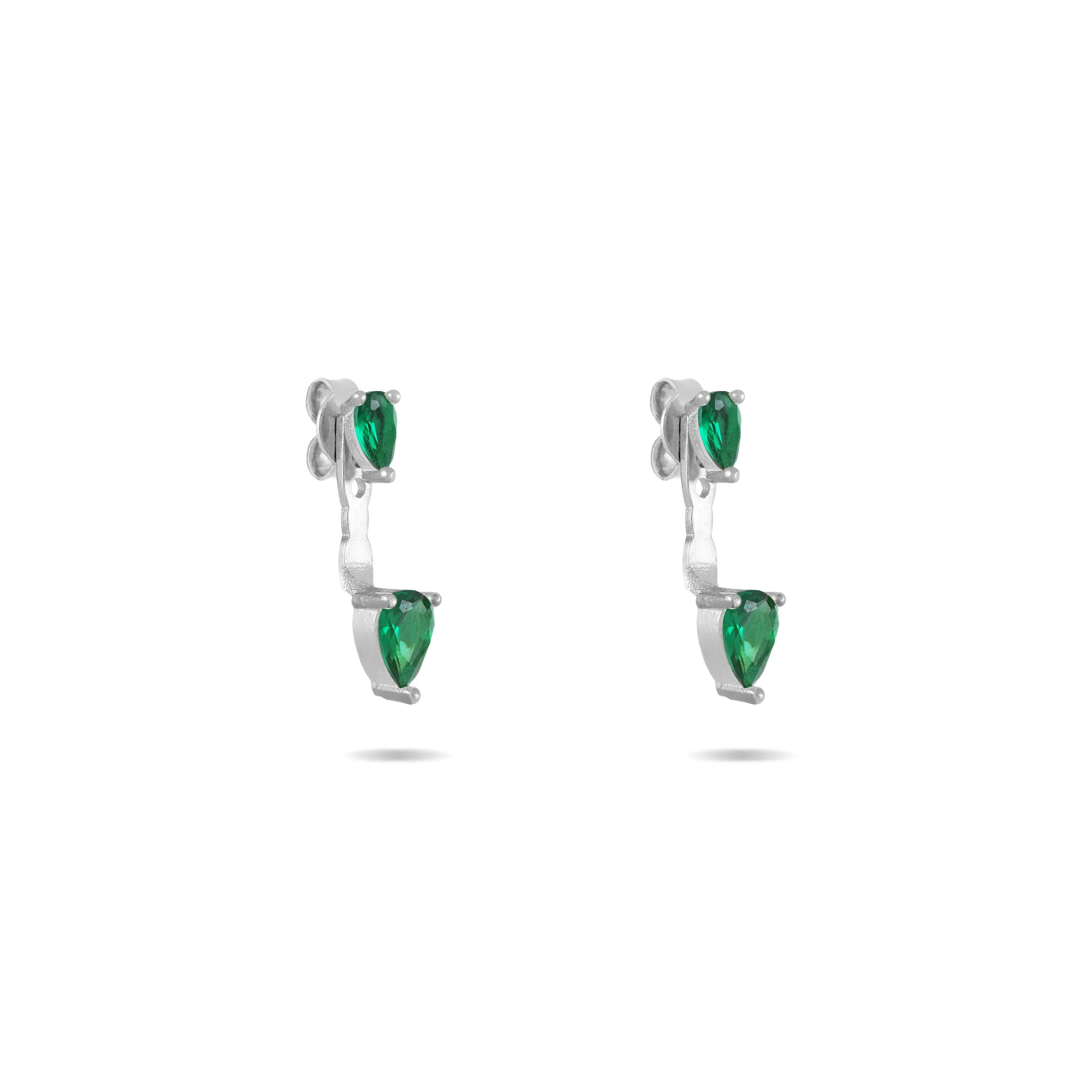 Cubic Zirconia Double Teardrop Ear Jacket Earrings - Silver Green - Big