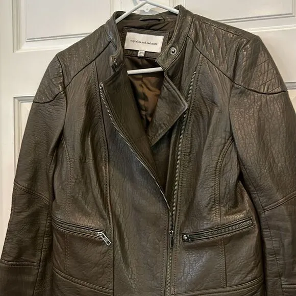 Cupcakes and cashmere dark brown leather Moto jacket, size extra small