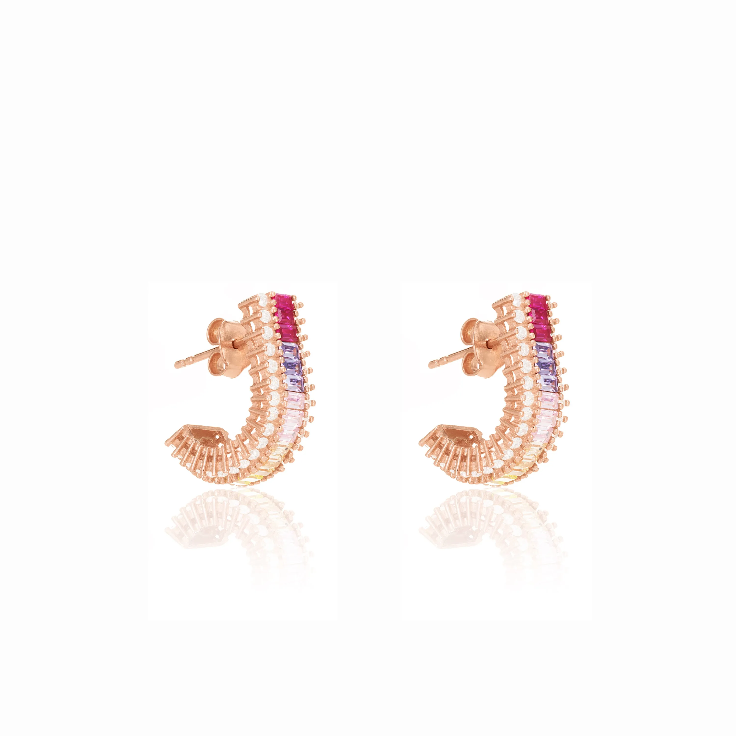 Curved Baguette Bar Earrings - Rose Gold Rainbow