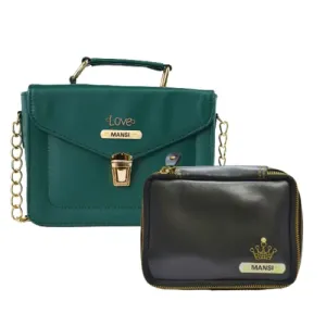 Customized Women's Buttoned Leather Bag   Mini Make up Kit - Green Black