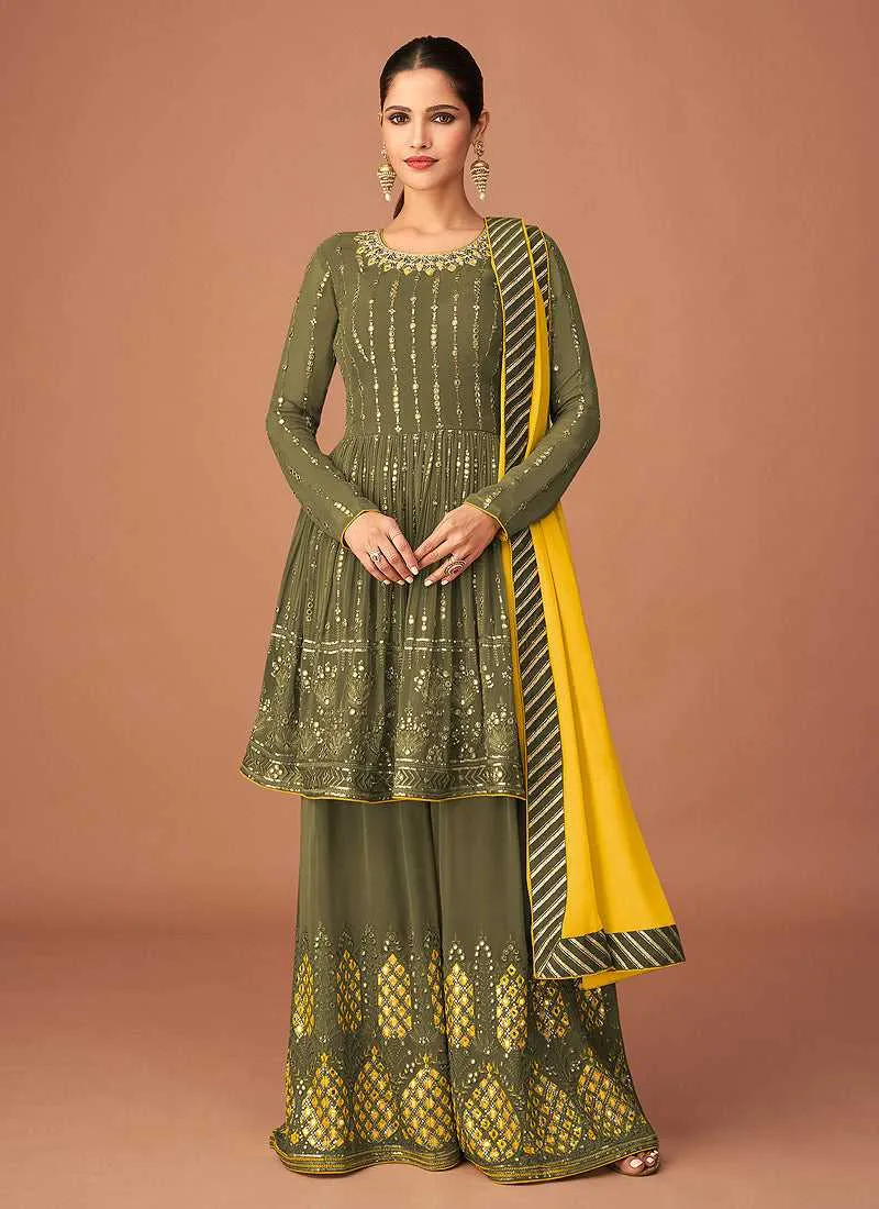 Dark Green Heavy Embroidered Sharara Style Suit