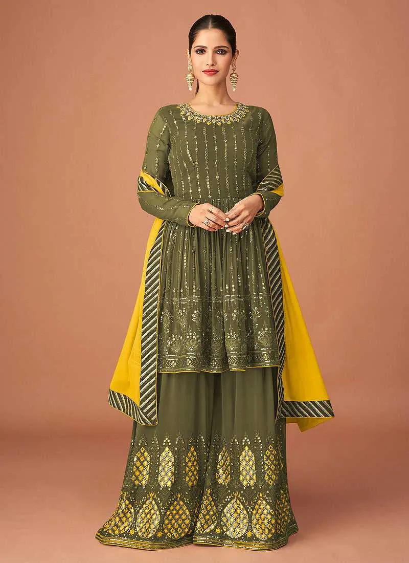 Dark Green Heavy Embroidered Sharara Style Suit