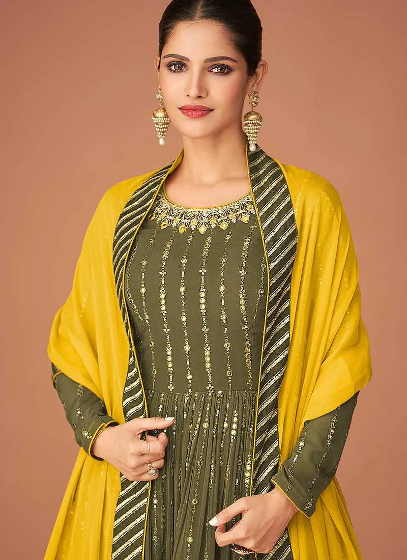 Dark Green Heavy Embroidered Sharara Style Suit