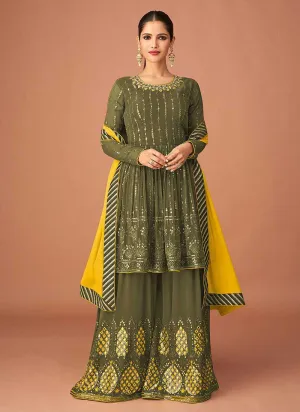 Dark Green Heavy Embroidered Sharara Style Suit