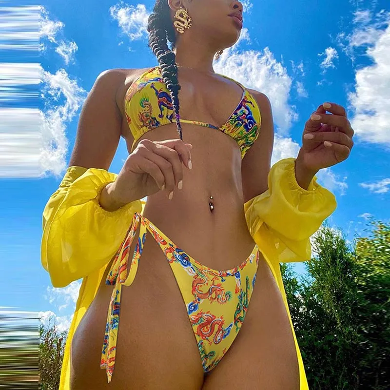 Dragon Pattern Halter Long Sleeve Swimsuit & Cover Up Set