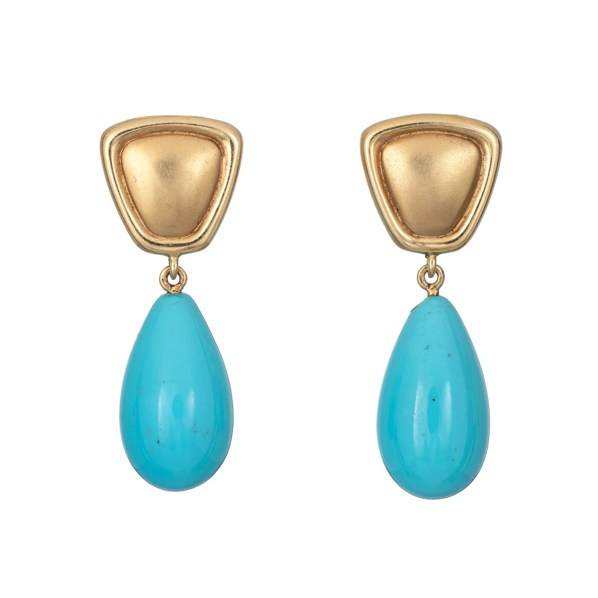 Egg Shell Blue Turquoise Earrings Vintage 18k Yellow Gold Tear Drop Fine Jewelry