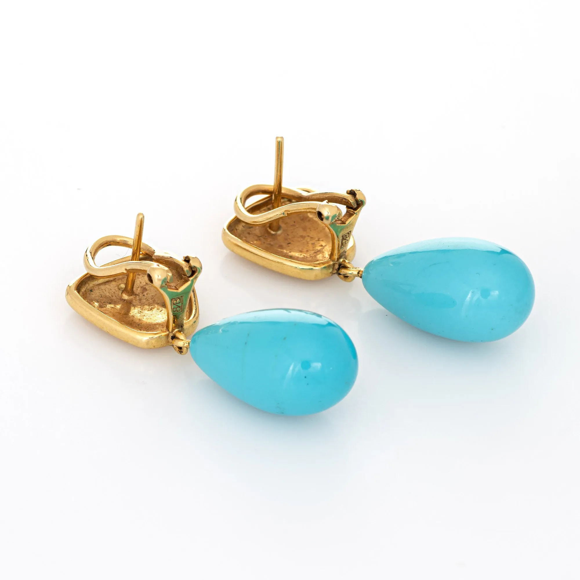 Egg Shell Blue Turquoise Earrings Vintage 18k Yellow Gold Tear Drop Fine Jewelry