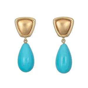 Egg Shell Blue Turquoise Earrings Vintage 18k Yellow Gold Tear Drop Fine Jewelry
