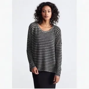 Eileen Fisher Knit Wool Linen Striped Boxy Pullover Sweater