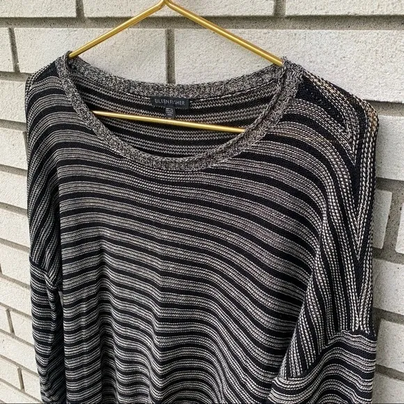 Eileen Fisher Knit Wool Linen Striped Boxy Pullover Sweater
