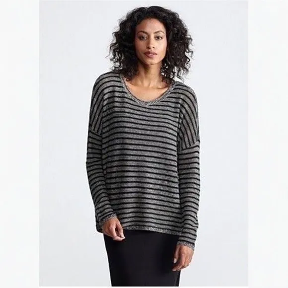 Eileen Fisher Knit Wool Linen Striped Boxy Pullover Sweater