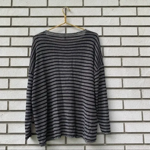 Eileen Fisher Knit Wool Linen Striped Boxy Pullover Sweater