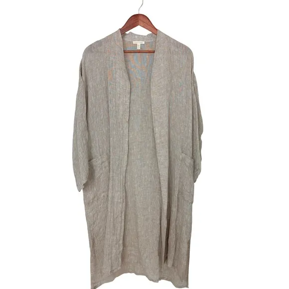 EILEEN FISHER Women Organic Linen Tan Duster Cardigan Lagenlook Open Size Medium