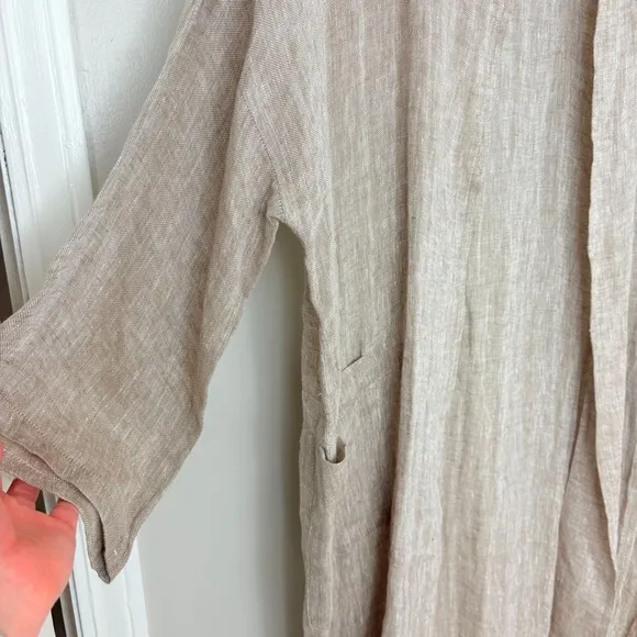 EILEEN FISHER Women Organic Linen Tan Duster Cardigan Lagenlook Open Size Medium