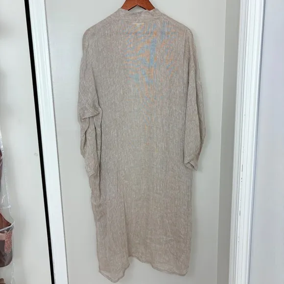 EILEEN FISHER Women Organic Linen Tan Duster Cardigan Lagenlook Open Size Medium