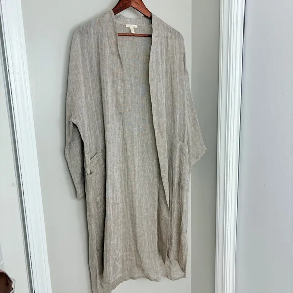 EILEEN FISHER Women Organic Linen Tan Duster Cardigan Lagenlook Open Size Medium