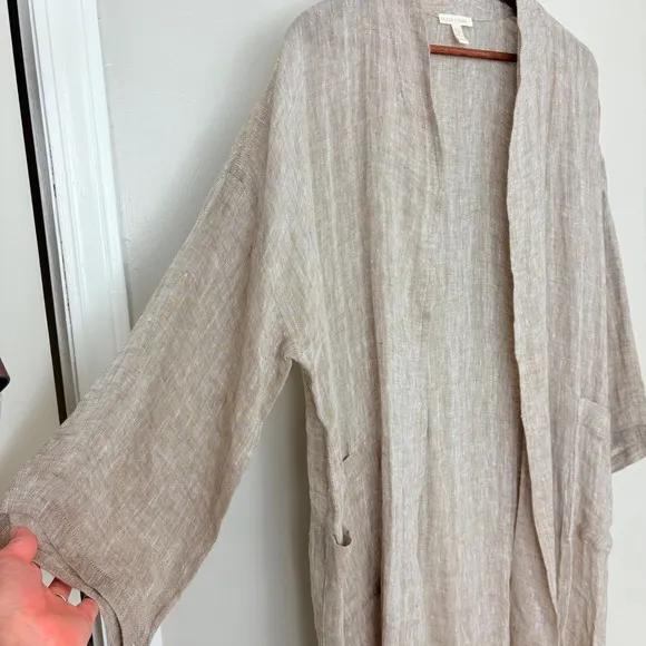 EILEEN FISHER Women Organic Linen Tan Duster Cardigan Lagenlook Open Size Medium