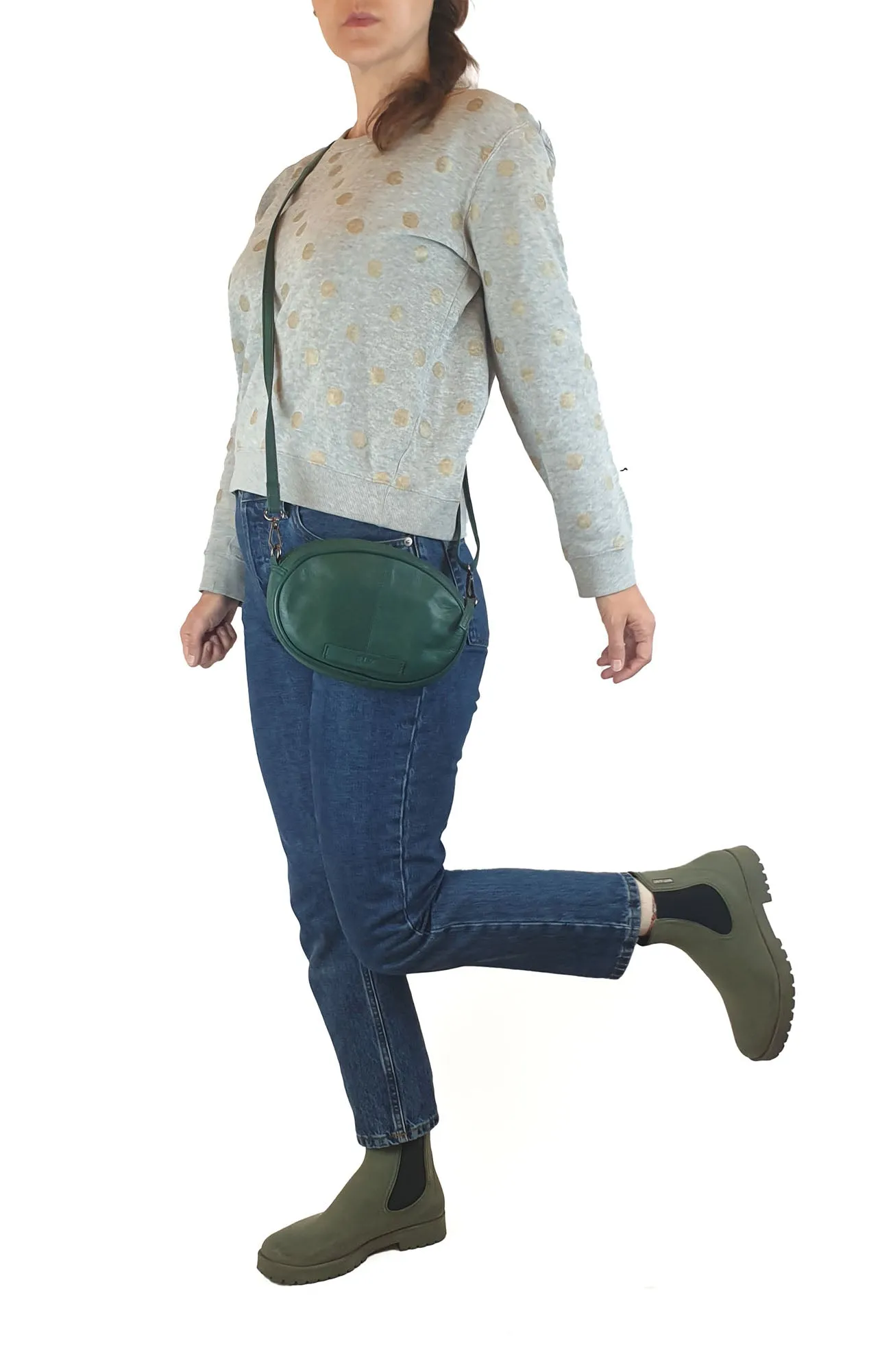 Elk green soft leather oval shaped bag