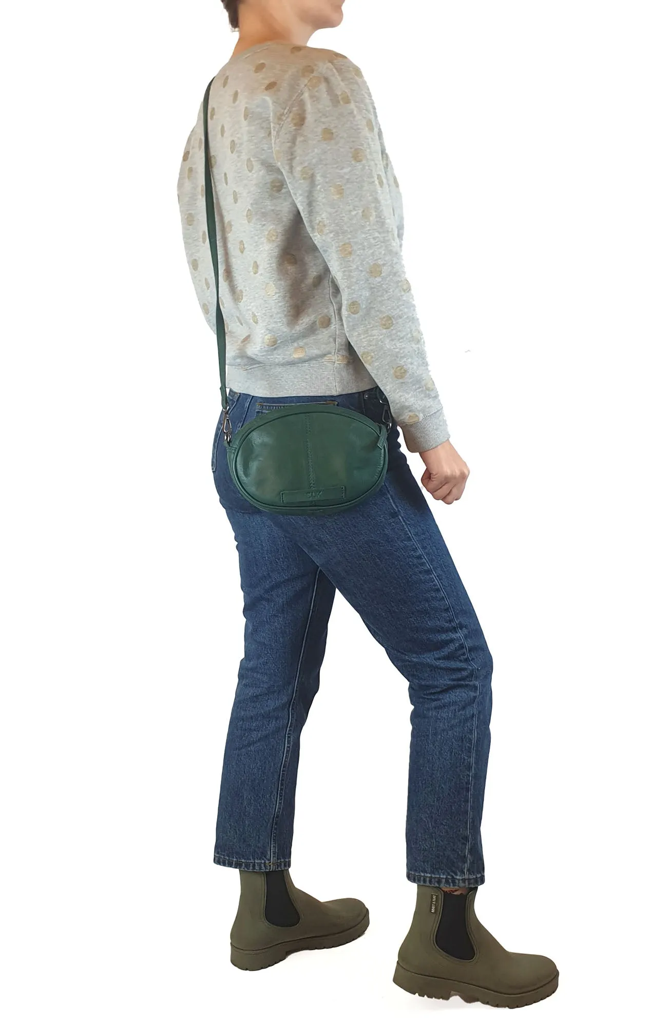Elk green soft leather oval shaped bag