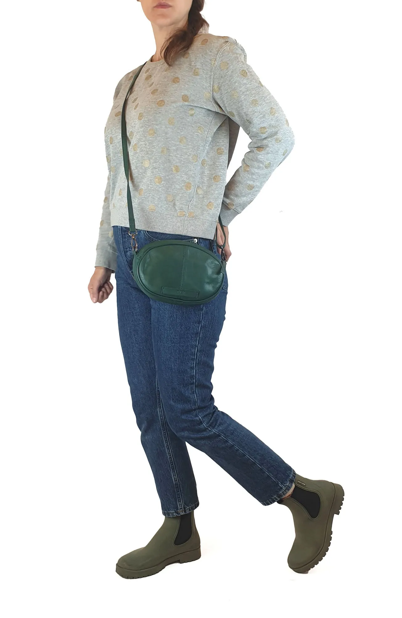Elk green soft leather oval shaped bag
