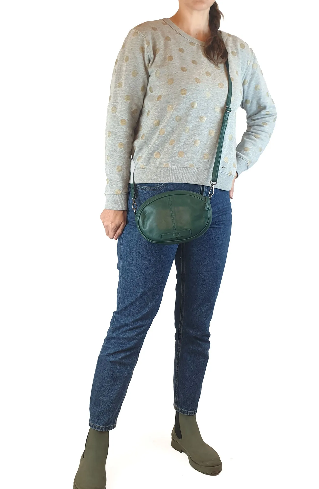 Elk green soft leather oval shaped bag