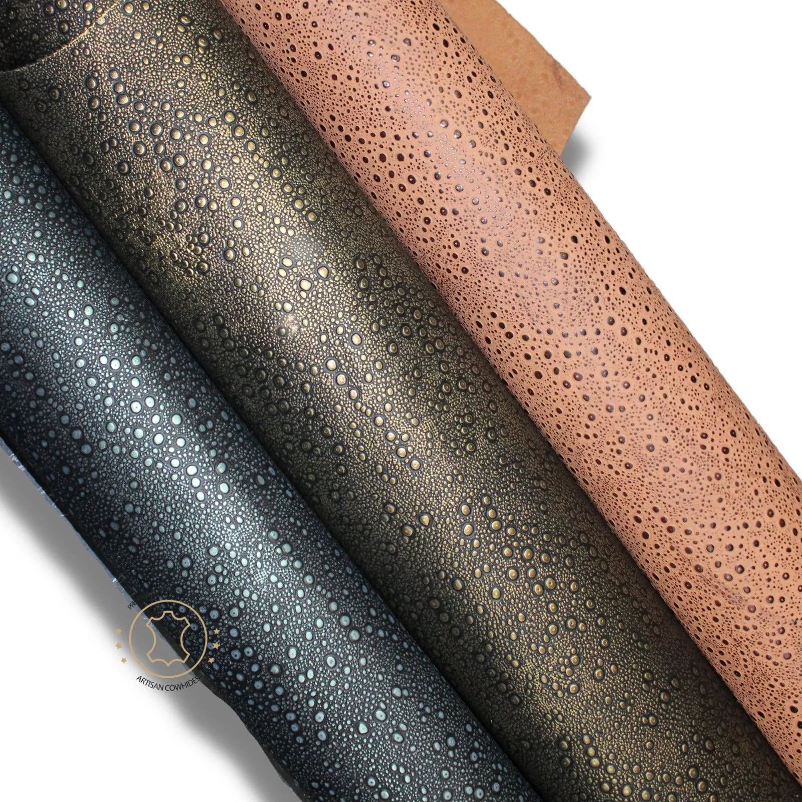 Embossed Leather Rain Drops Black Gold: Leather 3 - 3.5 oz. | 1.4 - 1.6 mm - Leather for Projects - Rain Drops