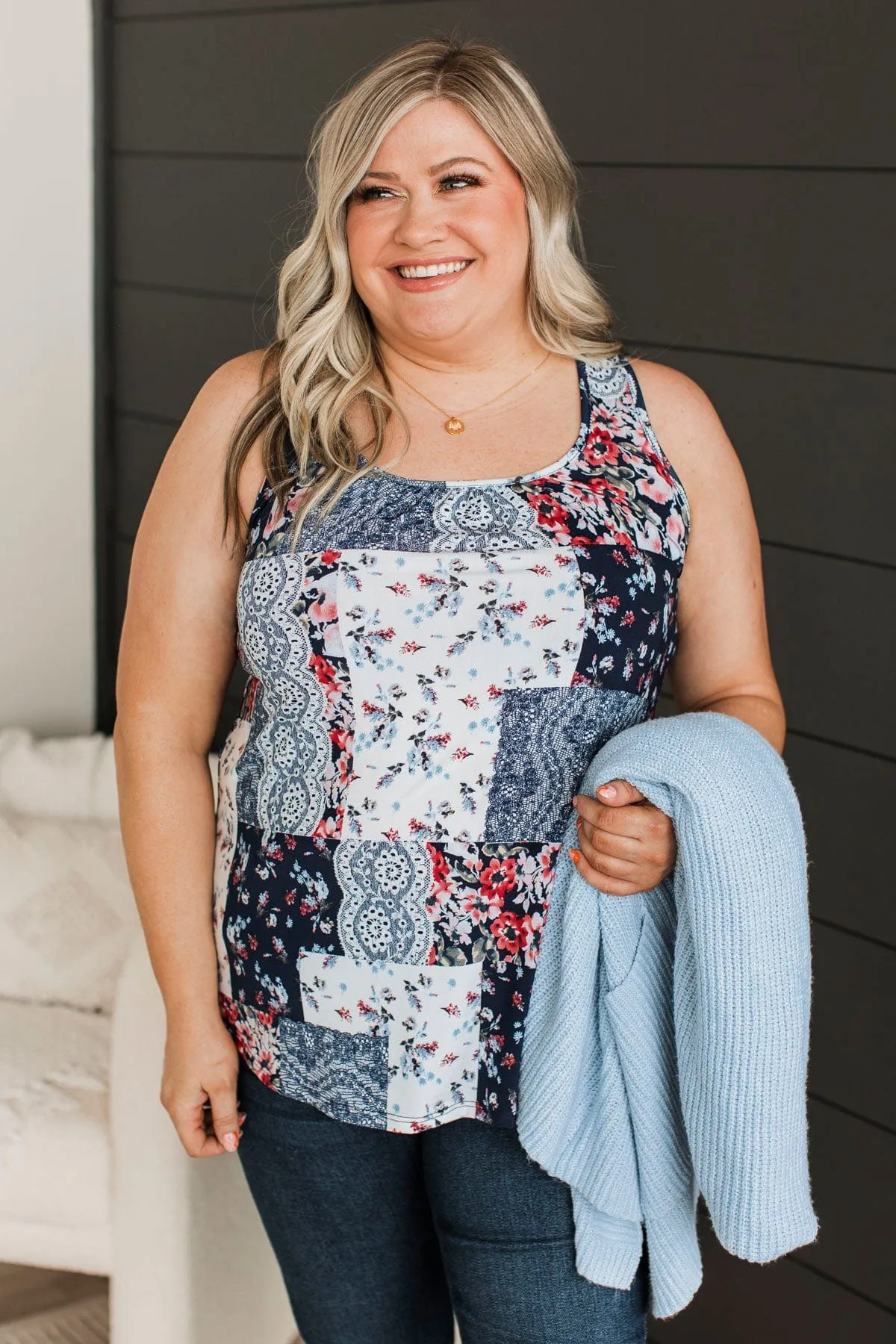 Eye-Catching Elegance Floral Tank Top- Navy & Ivory