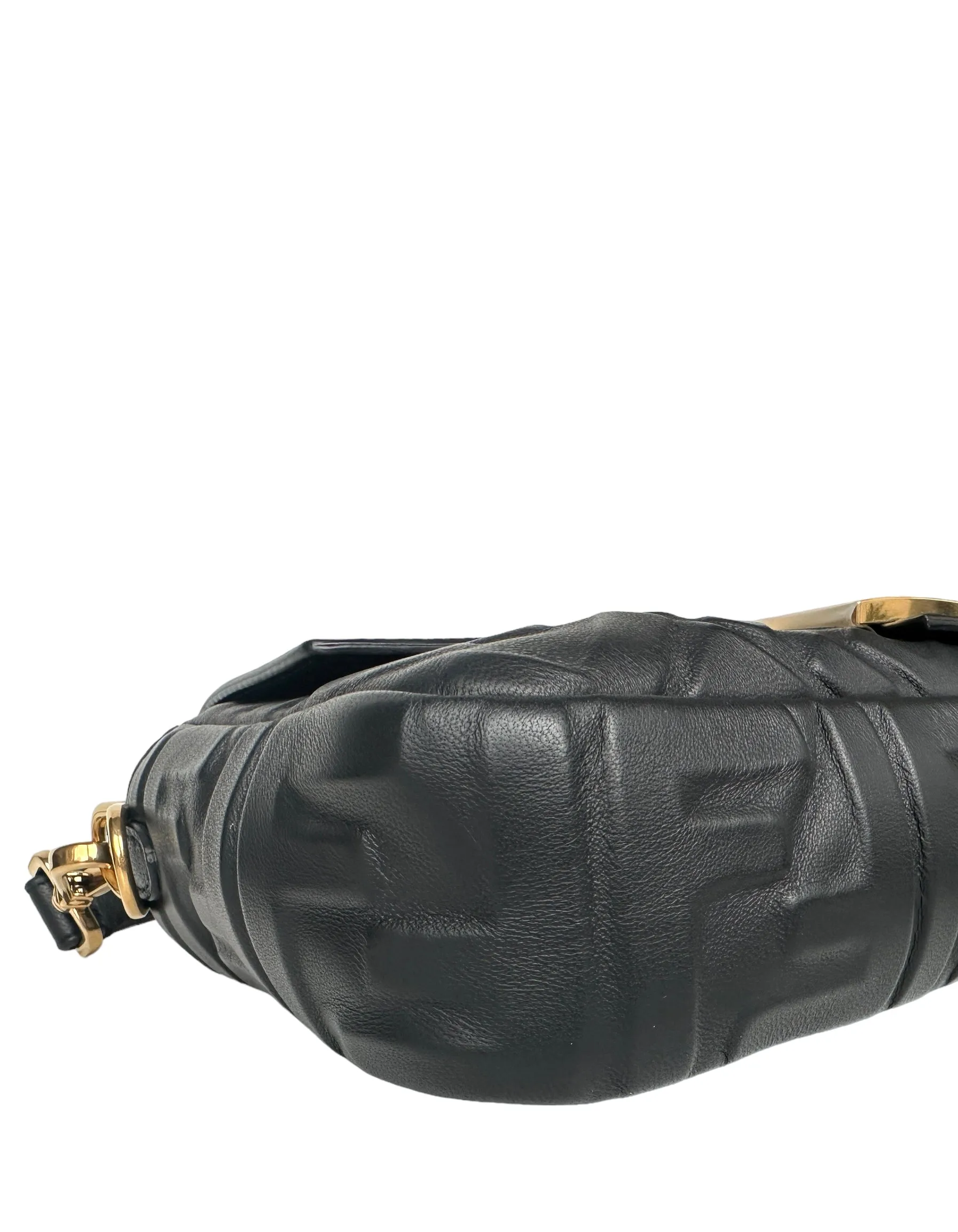 Fendi Black Nappa Embossed Logo FF 1974 Medium Baguette NM Bag w/ Two Straps
